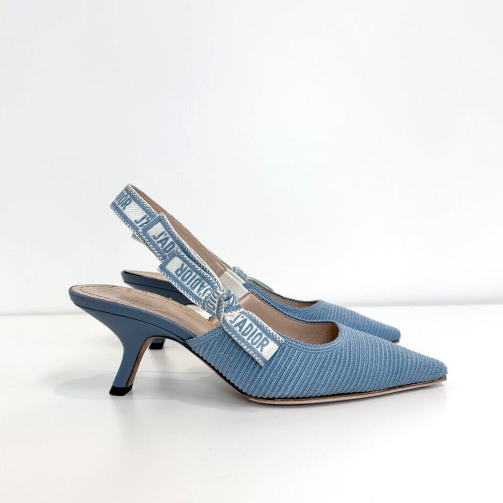 Christian DIOR J'adior Light Blue Logo Bow Slingbacks 38 Denim Point Kitten Heel